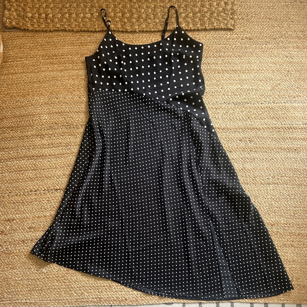Black Polka Dot Asymmetrical Midi Slip Dress